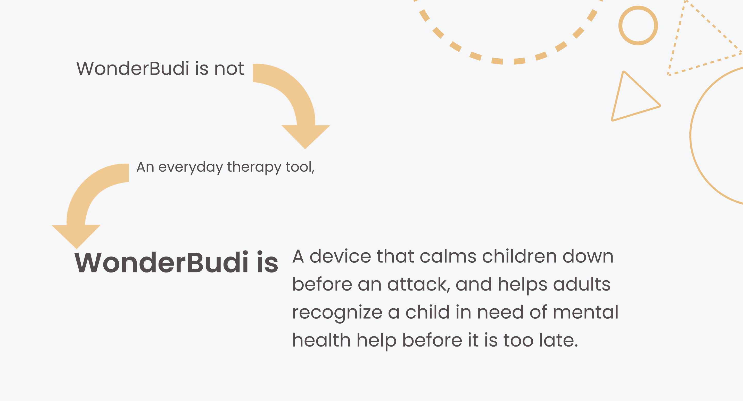 WonderBudi is not an everyday therapy tool. WonderBudi is: a device that calms children down before an attack, and helps adults recognize a child in need of mental health help before it is too late